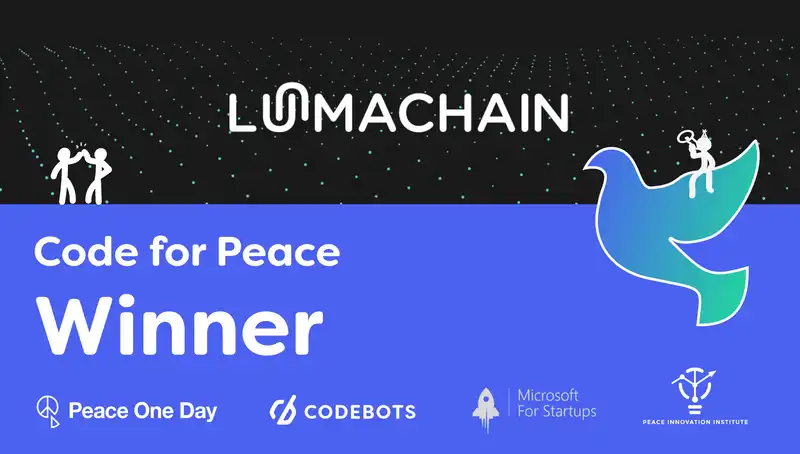 A graphic including the Lumachain logo, Code for Peace dove and Code for Peace sponsors